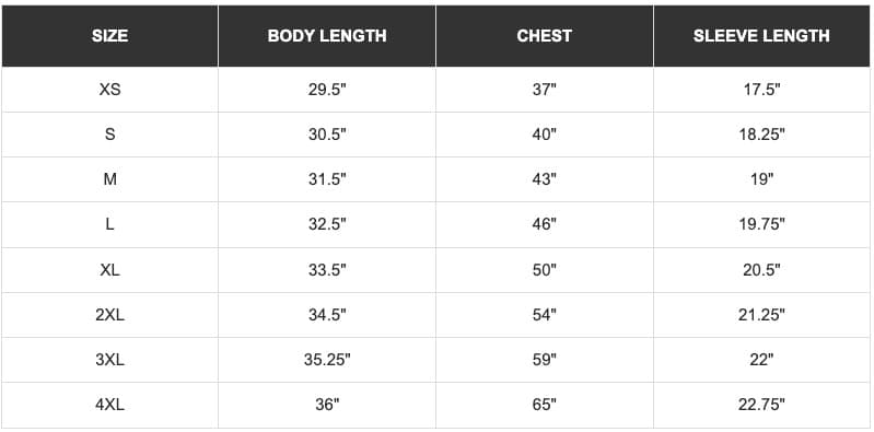 tshirt size chart